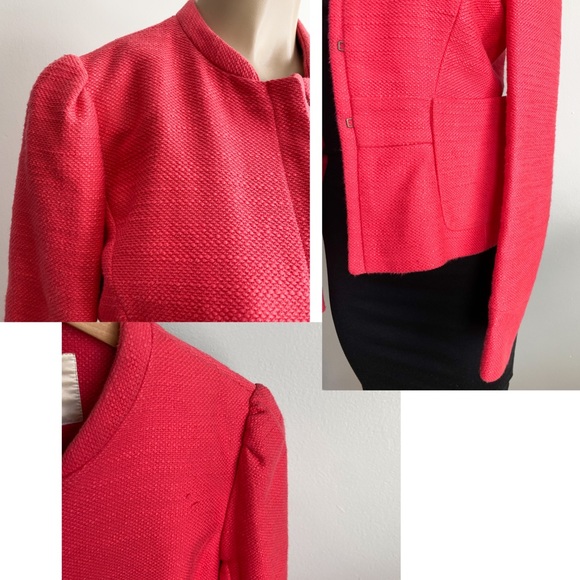 $660‼️MAJE Tweed Short Blazer Jacket Collarless Long Pleated Sleeves Pink Red M - Picture 9 of 13